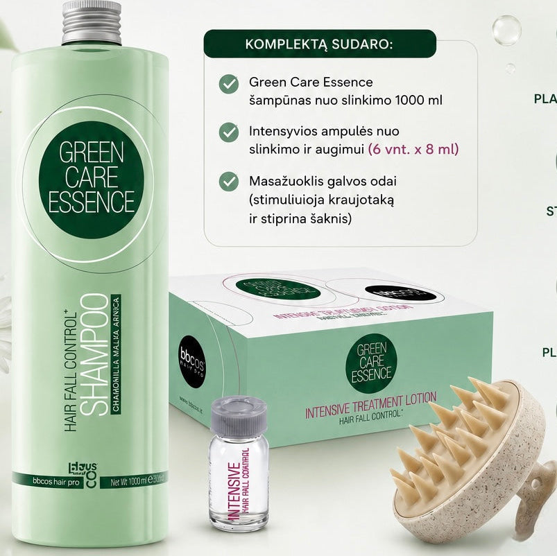 Green Care Essence rinkinys nuo plaukų slinkimo ir augimo skatinimui – šampūnas 1000 ml + ampulės 6 × 8 ml + galvos odos masažuoklis