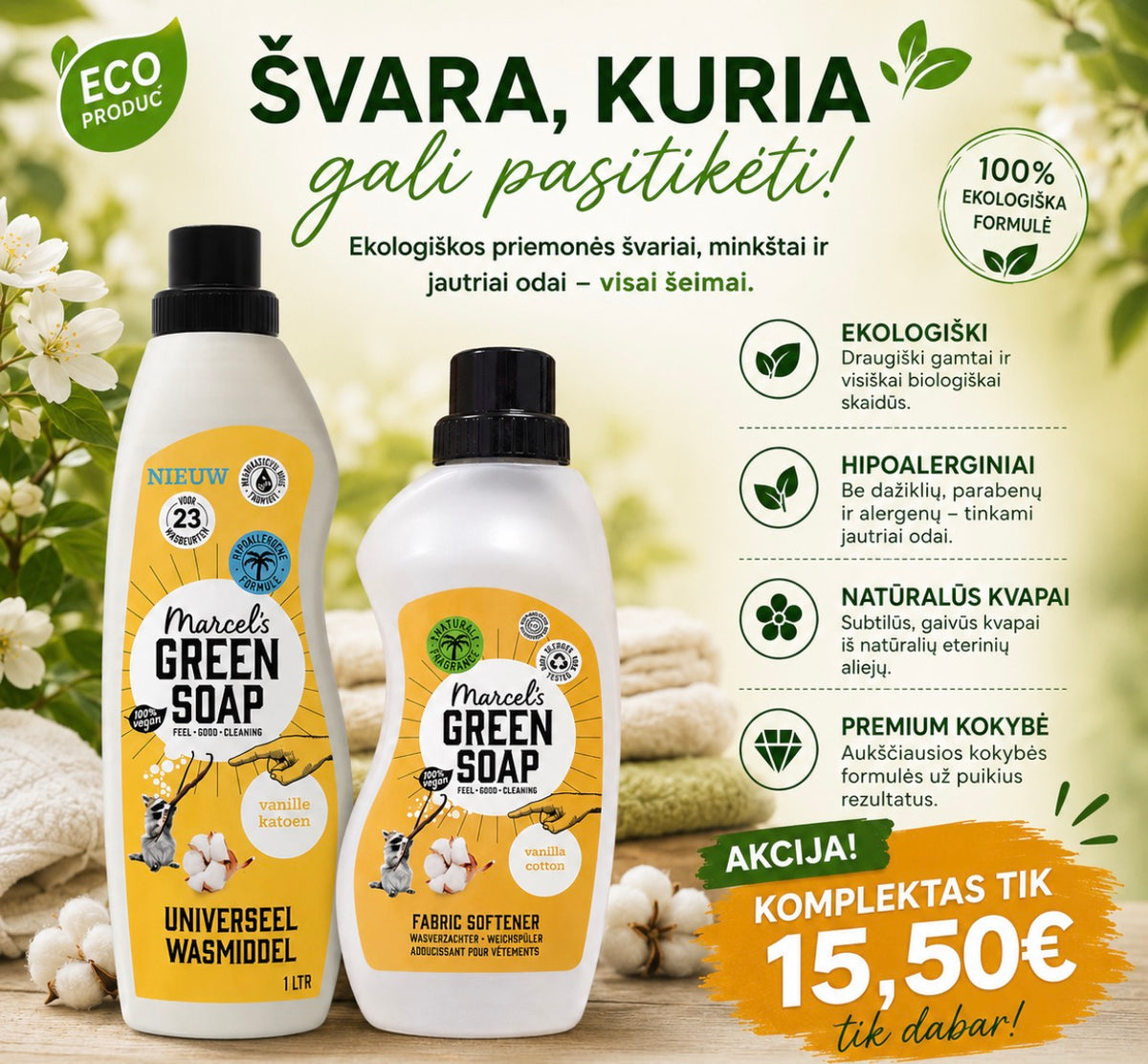Marcel’s Green Soap skalbimo rinkinys Vanilla & Cotton | 1 l + 750 ml