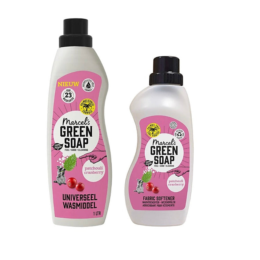 Marcel’s Green Soap Patchouli & Cranberry rinkinys – ekologiškas skalbiklis 1 l + audinių minkštiklis 750 ml