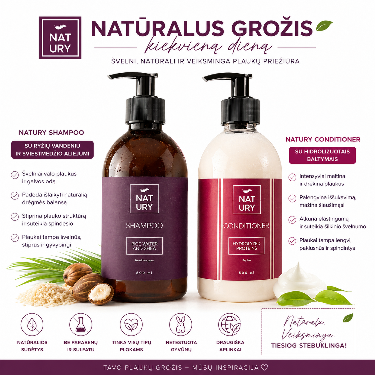 Natury plaukų priežiūros rinkinys – Rice Water & Shea šampūnas + Hydrolyzed Proteins kondicionierius (2 × 500 ml)