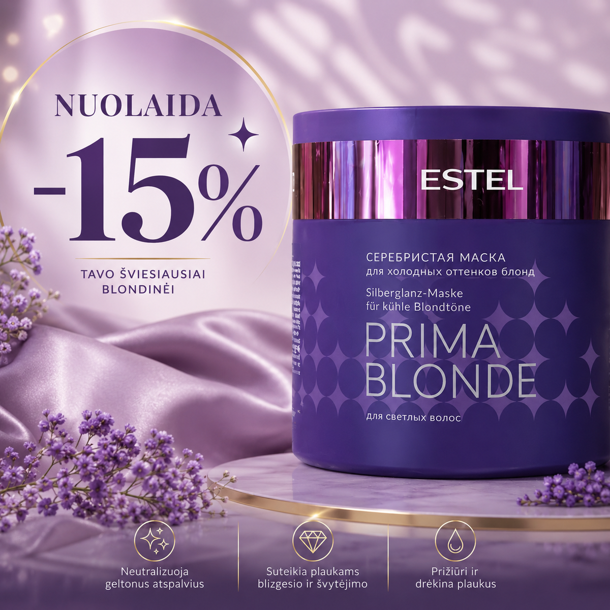 Estel Prima Blonde sidabrinė kaukė 300 ml – kaukė šviesiems ir blondiniams plaukams