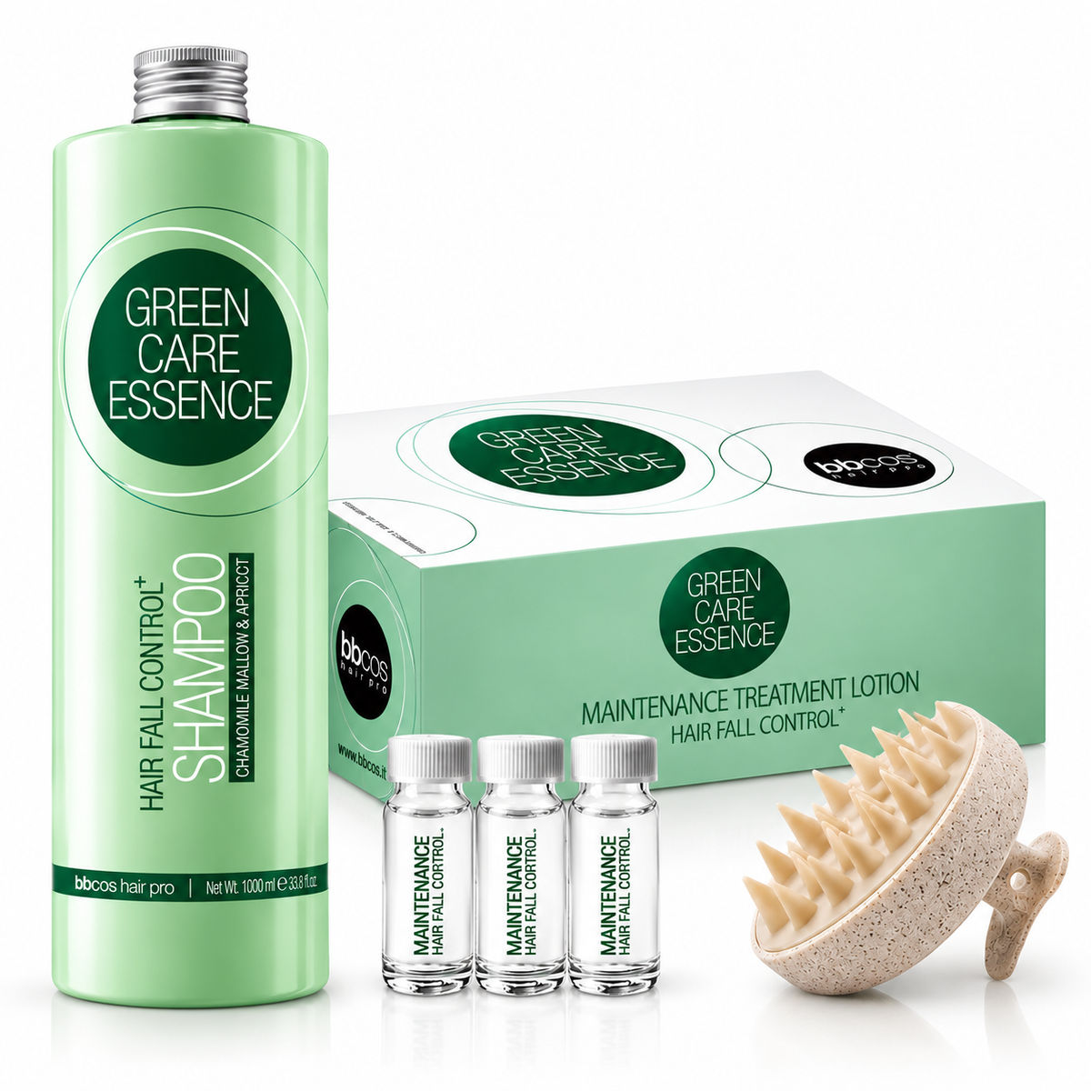 BBCOS Green Care Essence – plaukų slinkimo kontrolės rinkinys | Šampūnas 1000 ml + losjonas 12 × 8 ml + masažuoklis
